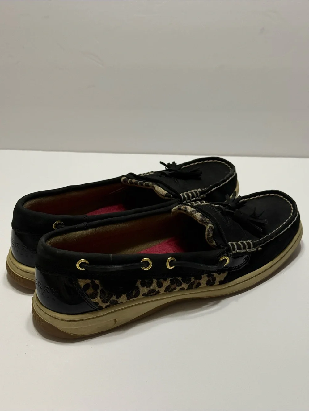 Sperry Top-Sider Women’s Black Tassel Loafers with Leopard Trim Sz 9M
